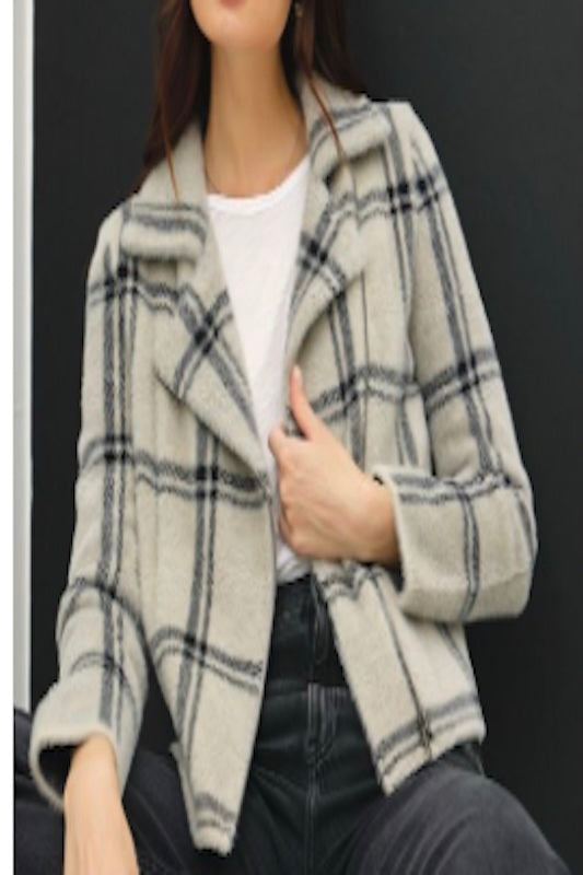 COOL, CHIC AND COZY, PLAID STRIPED NOTCHED COLLAR JACKET