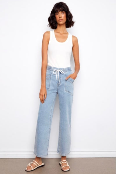 Drawstring Wide Leg Denim Pants - soft blue jeans paired with white tank- front view. 