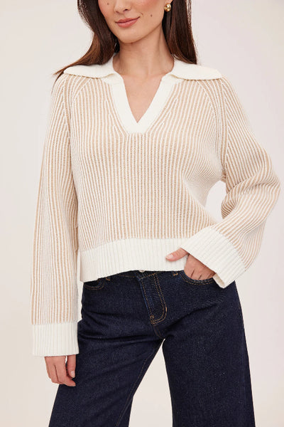 Close front view of cream Xander sweater showing two-tone ribbed texture, open V-neck collar and wide cuffs;Gentle Fawn Xander sweater; Xander sweater cream; two-tone collared sweater; cream cropped sweater; women’s collared V-neck sweater; relaxed fit knit sweater; textured cream sweater; cropped sweater for high-rise jeans; Gentle Fawn two-tone sweater.
