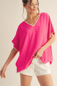 NATURALLY STYLISH SHELL STITCH ACCENT LOOSE FIT TOP