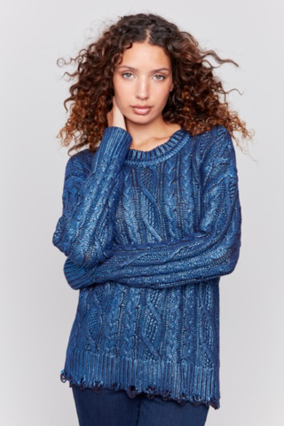 METALLIC CABLE KNIT SWEATER