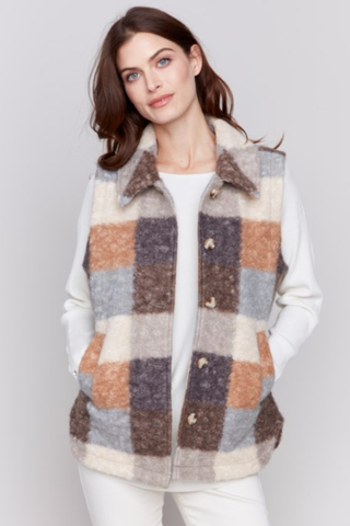 SHERPA PLAID LONG VEST W/ POCKETS