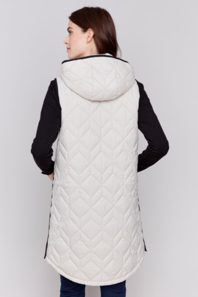 LONG QUILTED PUFFER VEST WITH HOOD