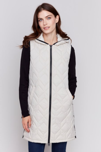 LONG QUILTED PUFFER VEST WITH HOOD