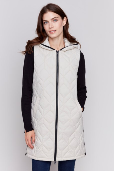 LONG QUILTED PUFFER VEST WITH HOOD