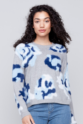 FUZZY FLORAL JACQUARD KNIT SWEATER