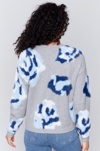 FUZZY FLORAL JACQUARD KNIT SWEATER