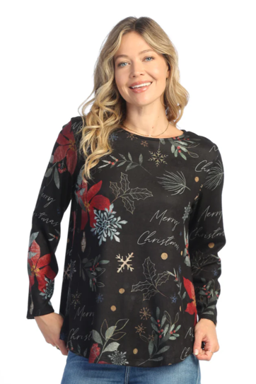 POINSETTIA PRINTED KNIT LS CREW NECK TOP