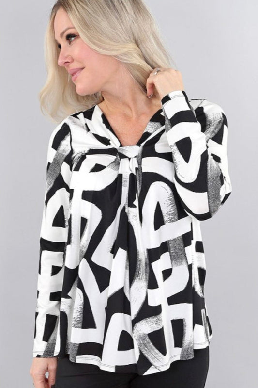 TIMELESS LONG-SLEEVE BLACK/WHITE PRINT TOP WITH KNOT FRONT
