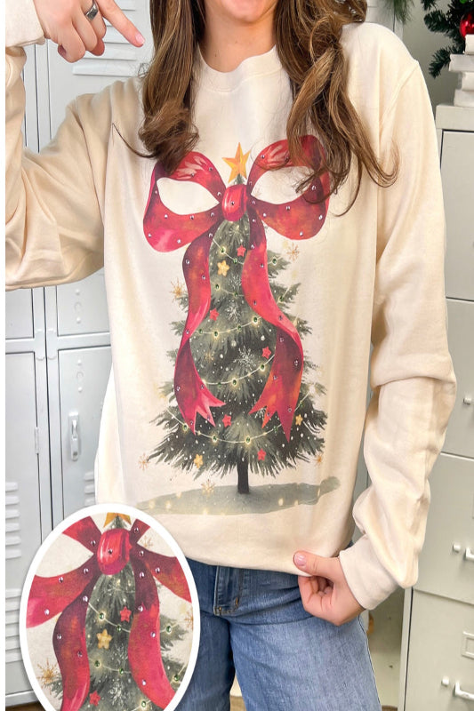 FESTIVE AND CUTE RHINESTONE BOW CHRISTMAS TREE GRA[PHIC SWEATSHIRT