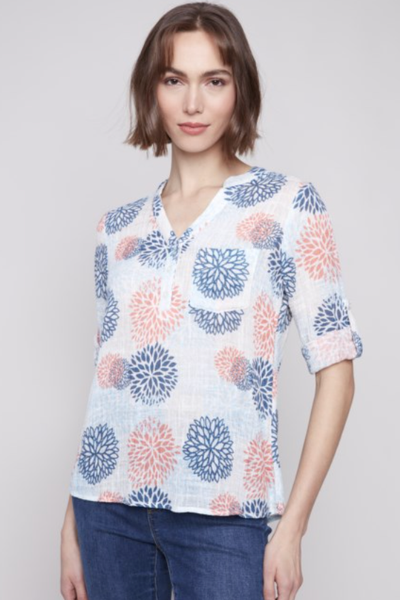BEAUTIFUL PRINTED GAUZE POPOVER ROLL TAB SLEEVE BLOUSE