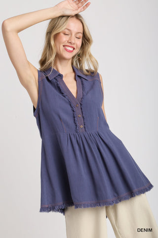 SOLID COLLARED SLEEVELESS TOP W/STITCH & FRAY DETAIL