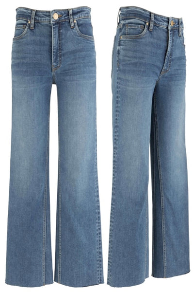 ut from the Kloth Kelsey High Rise Fab Ab Ankle Flare jeans in Leader wash — front and side view showing wide leg opening and high waist fit. Comfort and stylish.
