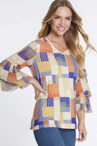 MULTI PRINT DOUBLE FLOUNCE SLEEVE V-NECK KNIT TOP