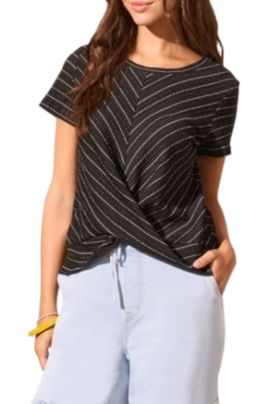 Casual black crew neck top with white pinstripes and a flattering front twist detail.