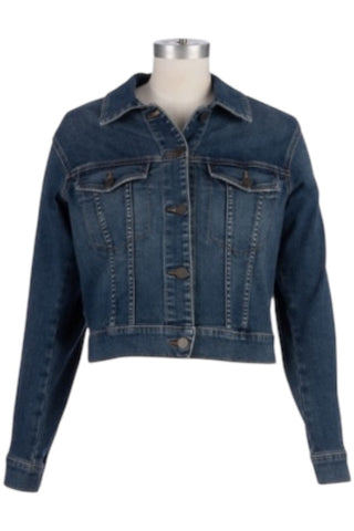 Dark wash cropped denim jacket with button front, drop shoulders, and classic western seam details.