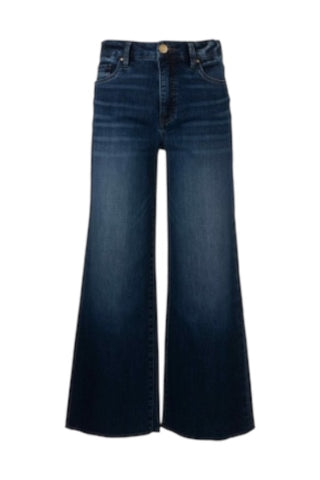Dark wash wide leg high-rise jeans with raw hem and Fab Ab front panel for tummy control and flattering shape.