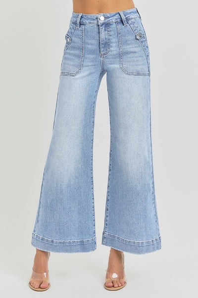 HIGH RISE ANKLE WIDE LEG PATCH FRONT POCKET JEANS