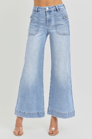HIGH RISE ANKLE WIDE LEG PATCH FRONT POCKET JEANS