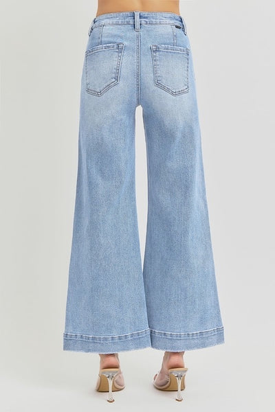 HIGH RISE ANKLE WIDE LEG PATCH FRONT POCKET JEANS