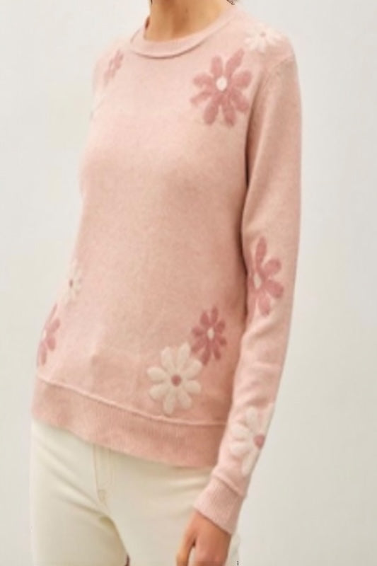 ELEGANT AND WHIMSY FLORAL ACCENT WOOL BLEND SWEATER