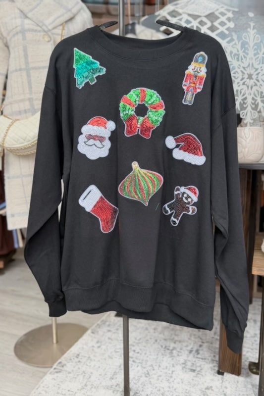 FESTIVE SEQUIN PATCHED HOLIDAY GRAPHIC SWEATSHIRT