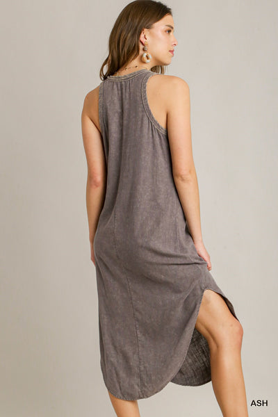 SOLID LINEN BLEND SLEEVELESS HIGH LOW TANK MIDI DRESS