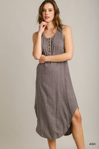 SOLID LINEN BLEND SLEEVELESS HIGH LOW TANK MIDI DRESS