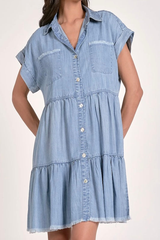 Tiered shirt dress with ruffle and collar.