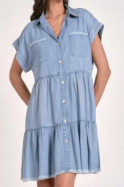 Tiered shirt dress with ruffle and collar.