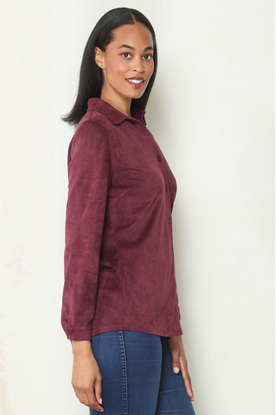Black Cherry faux suede shirt; Paparazzi faux suede button-front shirt; women’s Western-inspired button-down; burgundy faux suede shirt women; long-sleeve faux suede shirt; soft suede-look button-up shirt; Black Cherry Western shirt women; women’s faux suede shirt with collar; button-front shirt to wear with jeans.