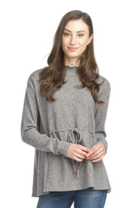 SOLID RIBBED MOCK NECK SWEATER W/DRAWSTRING DETAIL