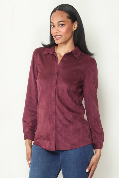 Front view of model wearing Black Cherry faux suede long-sleeve button-front shirt with collar and curved hem;Black Cherry faux suede shirt; Paparazzi faux suede button-front shirt; women’s Western-inspired button-down; burgundy faux suede shirt women; long-sleeve faux suede shirt; soft suede-look button-up shirt; Black Cherry Western shirt women; women’s faux suede shirt with collar; button-front shirt to wear with jeans.