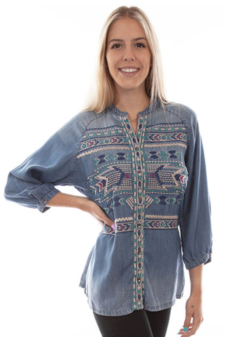 BEAUTIFUL EMBROIDERED DENIM TENCEL BUTTON DOWN TOP