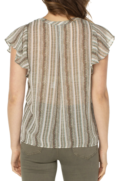 PRINT POPOVER WOVEN FLUTTER SLEEVE TOP W/PIN TUCKING DETAIL