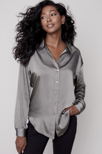 SOLID GUTSY SATIN BUTTON DOWN BLOUSE