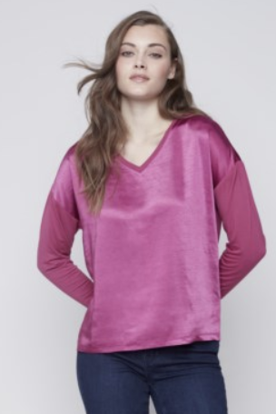 SOLID FRONT JERSEY BACK V-NECK SATIN BLOUSE