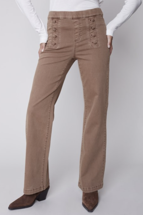 FLARE PULL ON COLORED TWILL JEANS W/BUTTON DETAIL