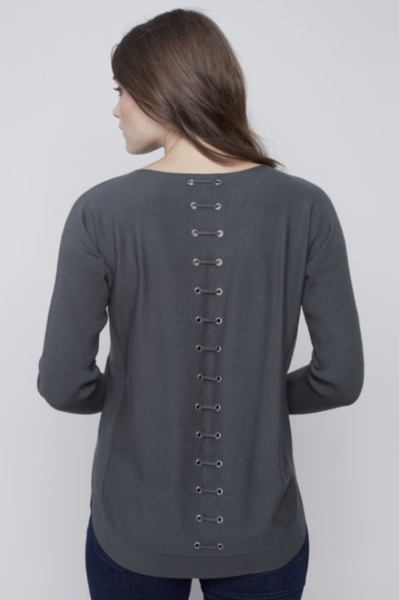 LACE UP SWEATER W/ POCKETS & ROUNDED HEM