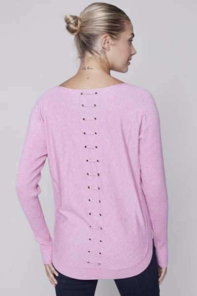 LACE UP SWEATER W/ POCKETS & ROUNDED HEM