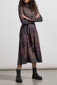 HOUNDSTOOTH MIX TURTLE NECK POCKETED MIDI DRESS