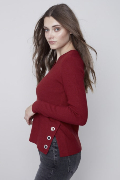 SOLID PLUSHY SWEATER W/SIDE GROMMETS AT SIDE PLACKET