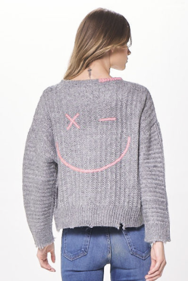 DISTRESSED SMILEY FACE STITCH DETAILED V-NECK SWEATER