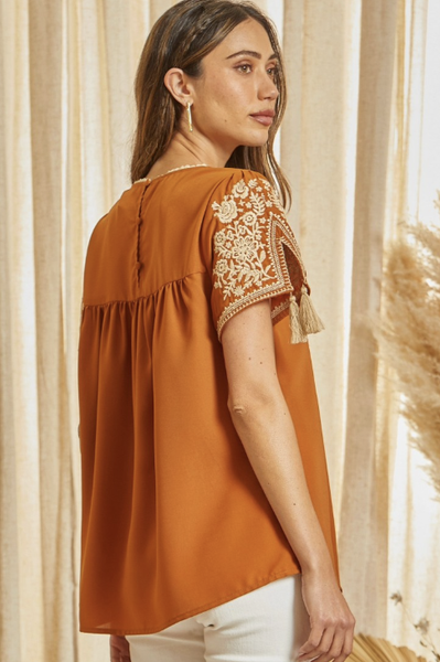 BEAUTIFUL EMBROIDERED WOVEN TOP W/TASSEL DETAIL