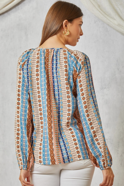 EMBROIDERY DETAILED MIX PRINT PEASANT TOP