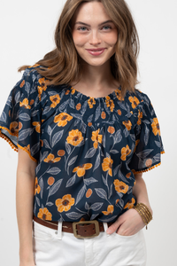 ADORABLE FLORAL PRINT PUFF SLEEVE SMOCK NECK TOP
