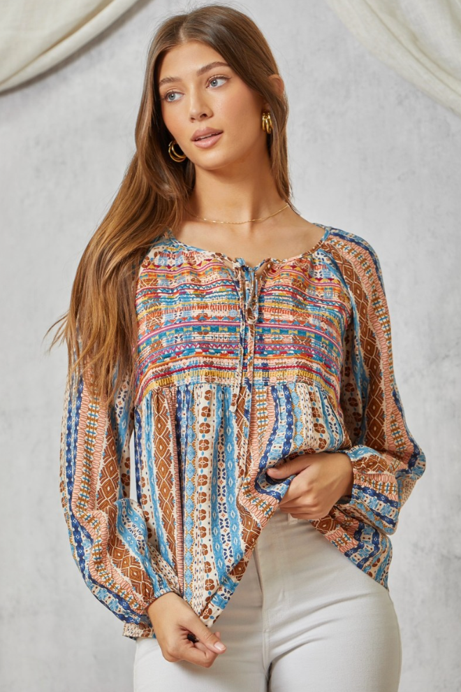 EMBROIDERY DETAILED MIX PRINT PEASANT TOP