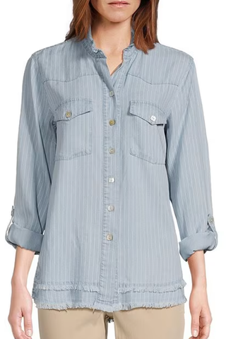 SOFT STRIPED TENCEL WIRE RAW EDGED BUTTON DOWN TOP