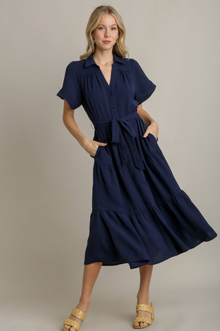 SOLID A-LINE COLLARED BUTTON DOWN TIERED MIDI DRESS