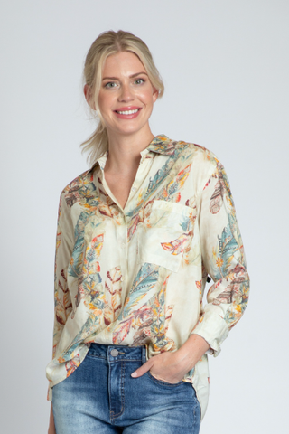 BEAUTIFUL FEATHER PRINT BUTTON DOWN BLOUSE